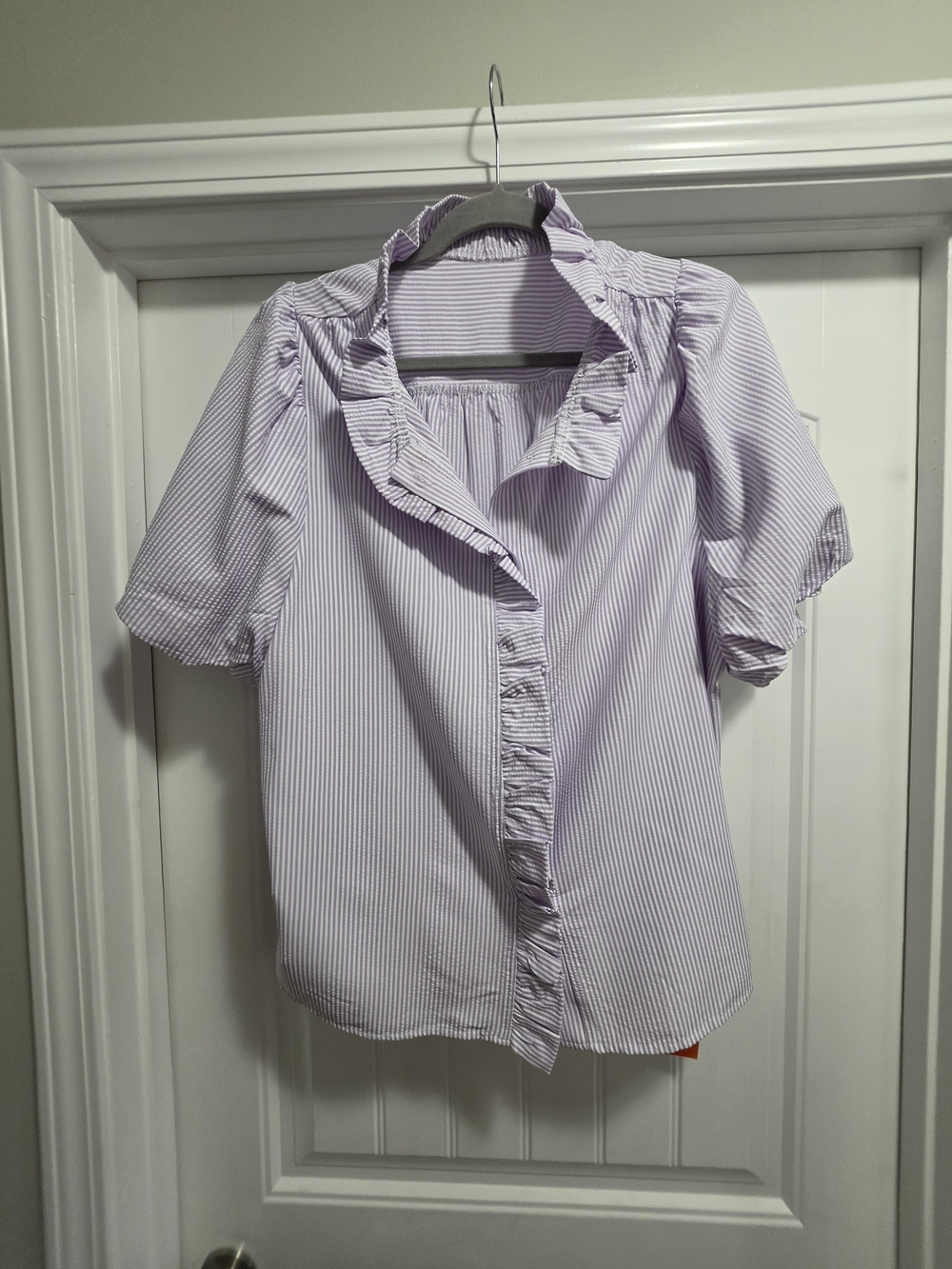 Lavender Striped Ruffle-Collar Button-Down Blouse